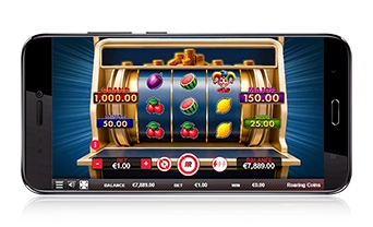 Roaring Coins landscape mobile layout with side prize panels